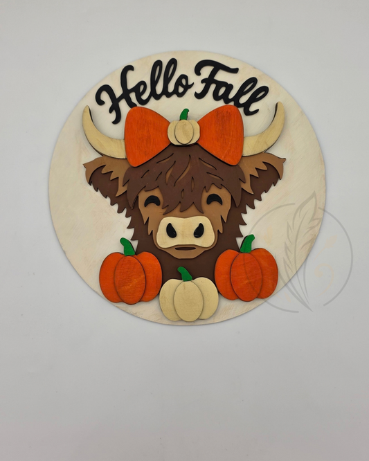 Hello Fall Highland Cow Door Hanger